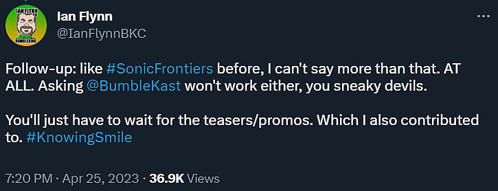 Ian Flynn stays tight-lipped about what to expect in the Sonic Frontiers DLC via Twitter