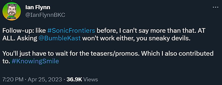 Ian Flynn stays tight-lipped about what to expect in the Sonic Frontiers DLC via Twitter