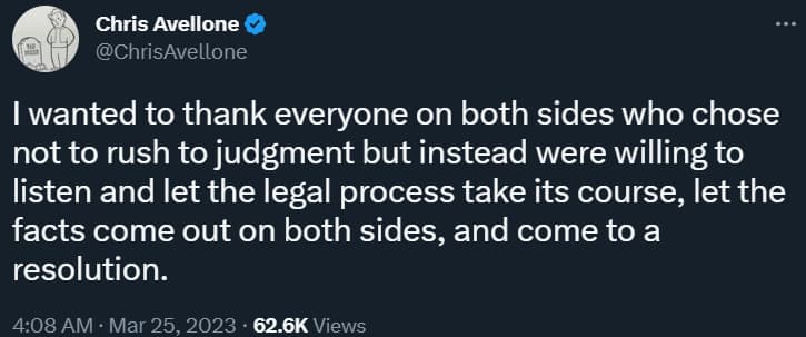 Chris Avellone thanks those who didn't judge quickly, listened, and let the legal process resolve via Twitter