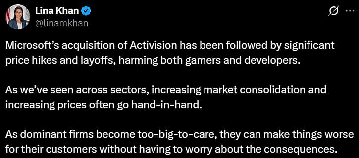Lina Khan bemoans the state of Microsoft after acquiring Activision Blizzard on X