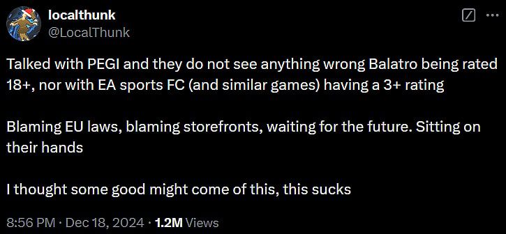 'Balatro' creator slams PEGI for giving his game an 18+ rating but giving games with actual loot boxes a 3+.