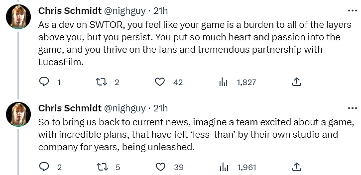 Archive Link Chris Schmidt feels a new studio may be just what Star Wars: The Old Republic developers need via Twitter