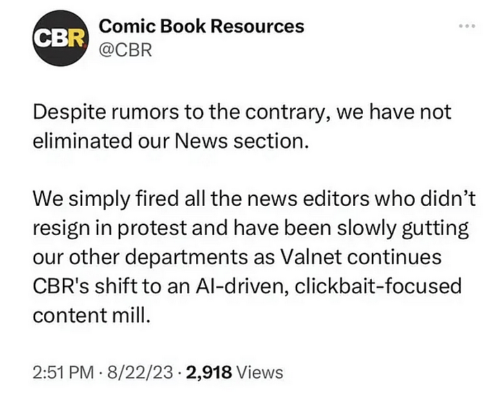A disgruntled employee hijacks the Comic Book Resources (CBR) Twitter account