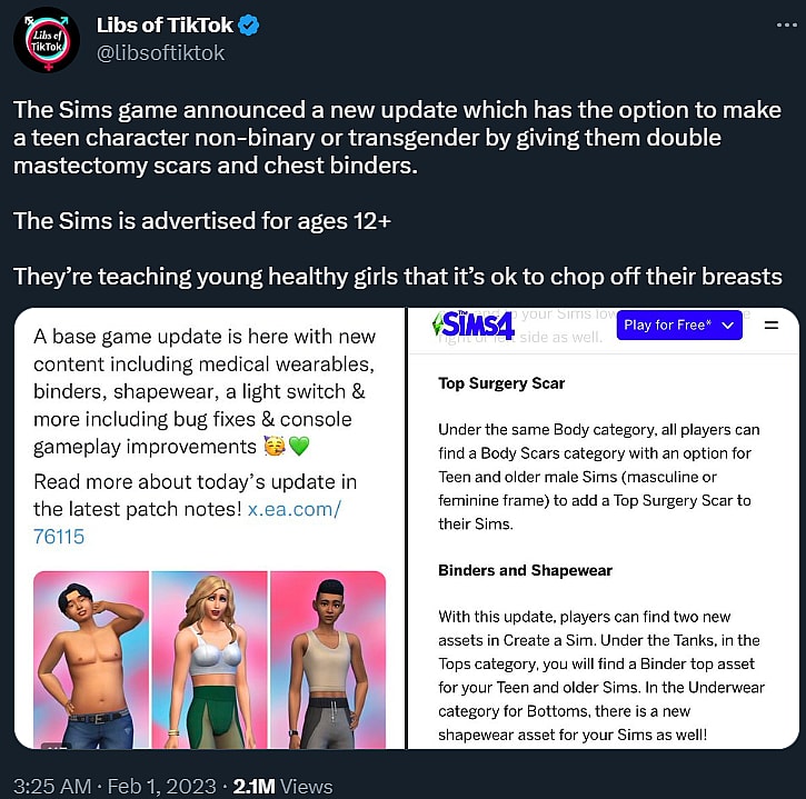 @libsoftiktok claims that the top surgery scars added to The Sims 4 would encourage unnecessary surgery in young girls via Twitter