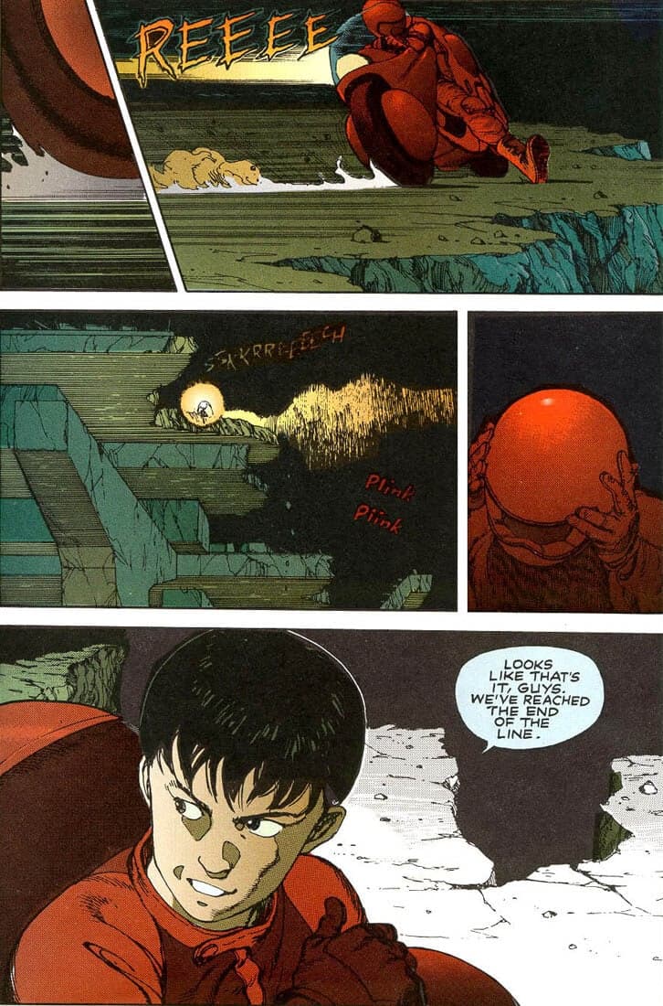 Kaneda performs the original version of his iconic bike slide in Akira Chapter 1 "The Highway" (1982), Kodansha/Epic Comics. Words by Katsuhiro Otomo, art by Katsuhiro Otomo and Steve Oliff.