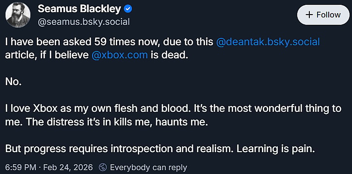 Jonathan "Seamus" Blackley (@seamus.bsky.social) assures he doesn't believe Xbox is "dead" via Bluesky