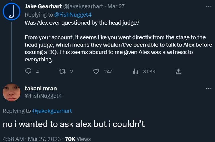 Makani Tran reveals to Jake Gearhart that the Pokémon Charlotte Regional TCG Championships' head judge couldn't have spoken to his opponent via Twitter