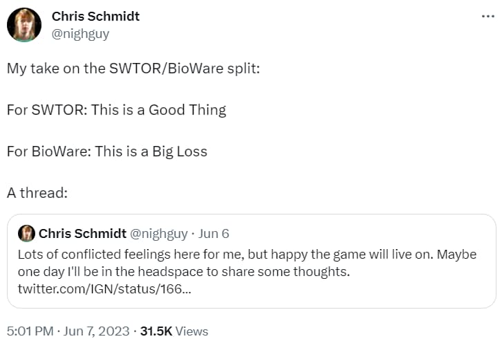 Archive Link Chris Schmidt discusses how BioWare no longer handling Star Wars: The Old Republic will affect the company and game via Twitter