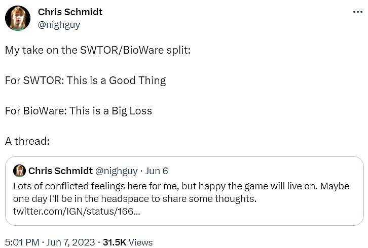 Archive Link Chris Schmidt discusses how BioWare no longer handling Star Wars: The Old Republic will affect the company and game via Twitter