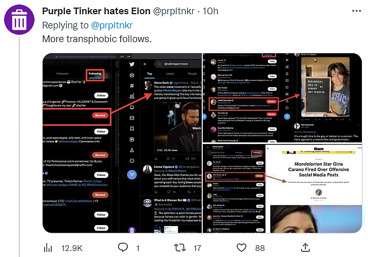 Archive link Purple Tinker highlights Kara Lynne's "transphobic" follows via Twitter