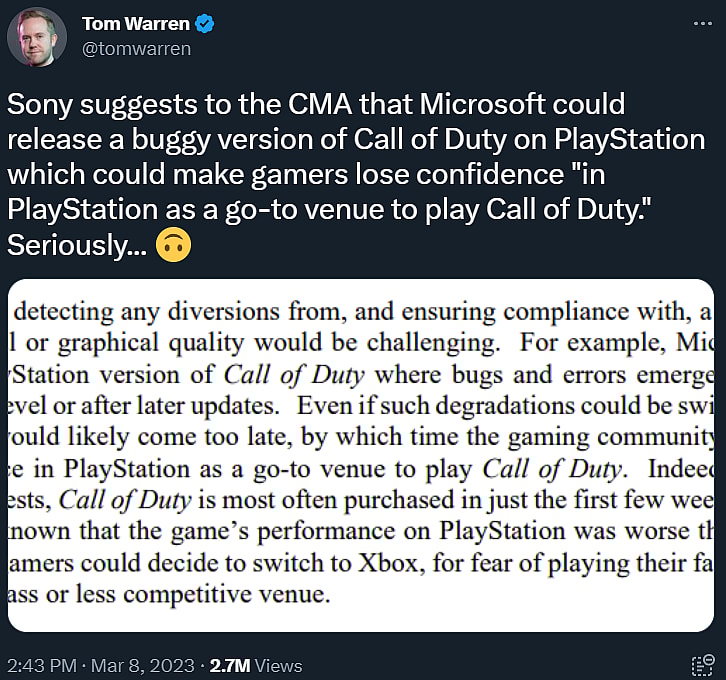 Tom Warren finds Sony's accusation that Microsoft would release buggy versions of Call of Duty on PlayStation dubious via Twitter