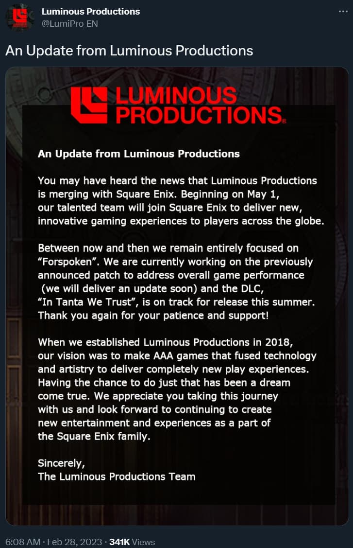 Luminous Productions issues a statement on being merged into Square Enix via Twitter