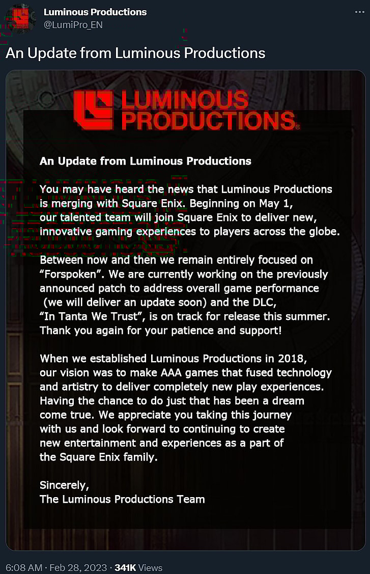 Luminous Productions issues a statement on being merged into Square Enix via Twitter