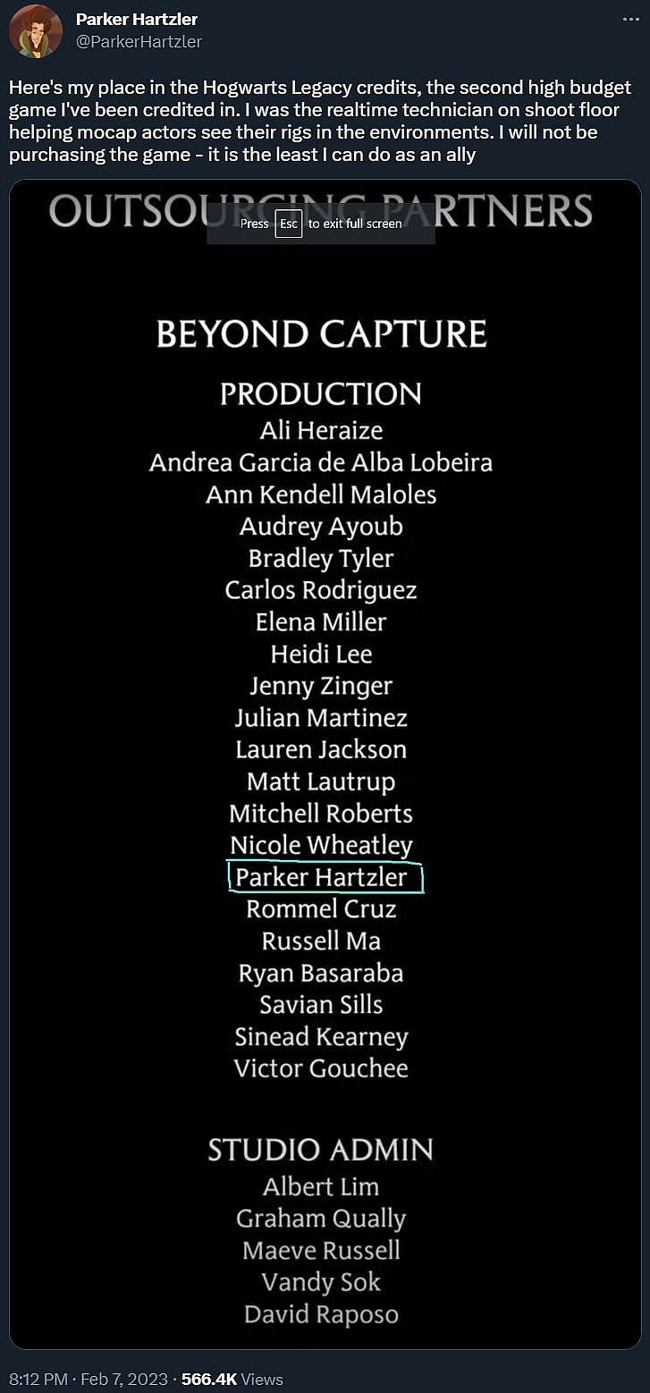 Parker Hartzler says he won't be buying Hogwarts Legacy via Twitter