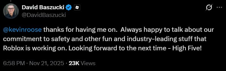 David Baszuki thanks the interviewer of Hard Fork via X