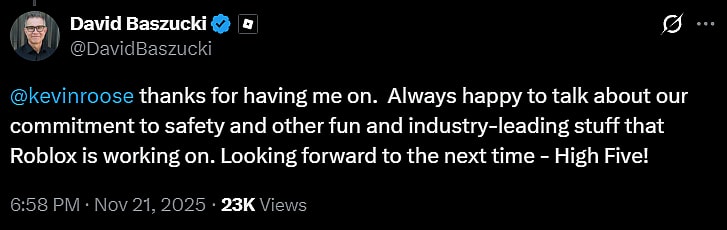 David Baszuki thanks the interviewer of Hard Fork via X