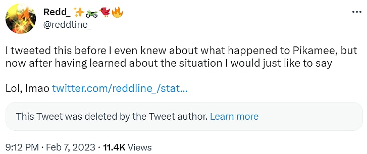 reddline_ mocks Pikamee graduating via Twitter