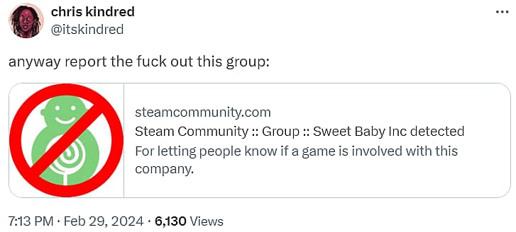 Chris Kindred calls followers to report Sweet Baby Inc detected Steam Curator group via Twitter