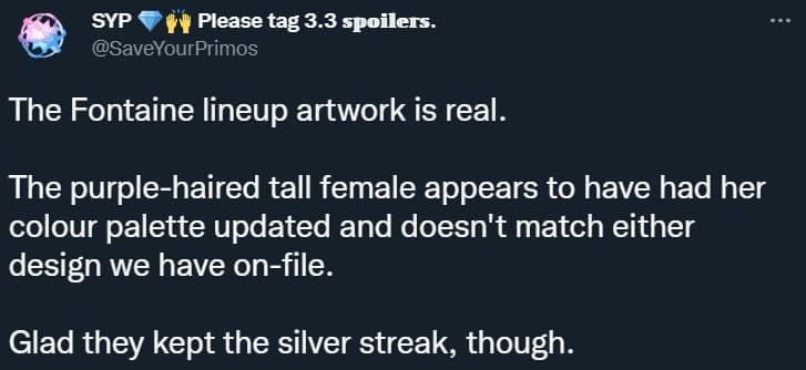 SaveYourPrimos insists that recent character model and art leaks supposedly of characters from the upcoming Fontaine region in Genshin Impact are real via Twitter