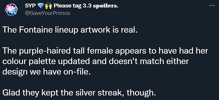SaveYourPrimos insists that recent character model and art leaks supposedly of characters from the upcoming Fontaine region in Genshin Impact are real via Twitter