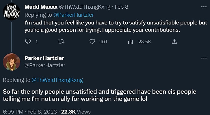 Parker Hartzler condemns those unhappy he worked on Hogwarts Legacy as "cis people" via Twitter