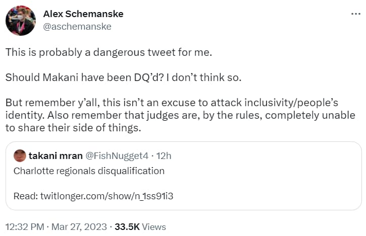 Archive link Alex Schemanske implores all sides to lay down arms over Makani Tran's disqualification from the Pokémon Charlotte Regional TCG Championships via Twitter