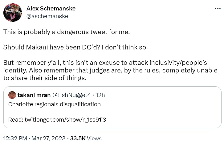 Alex Schemanske urges all sides to lay down arms over Makani Tran disqualification via Twitter