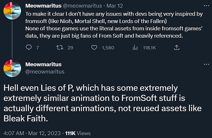 Meowmartius condemns Bleak Faith: Forsaken allegedly using the same animations from Elden Ring and Dark Souls III via Twitter