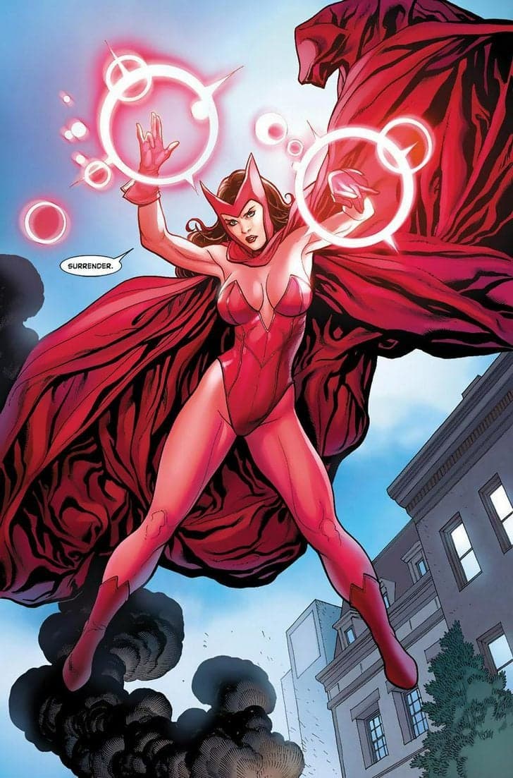 The Scarlet Witch puts an end to yet another super villain rampage in Avengers vs. X-Men Vol. 1 #0 "Prologue" (2012), Marvel Comics. Words by Brian Michael Bendis and Jason Aaron, art by Frank Cho, Jason Keith, and Chris Eliopoulos.