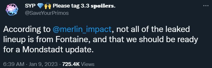 SaveYourPrimos shares merlin_impact's claim that not all the characters from the Genshin Impact Fontaine leak will actually be from that region, and some will come from an alleged update to Mondstadt via Twitter