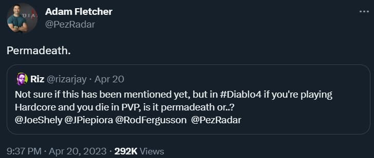 Adam Fletcher confirms to rizarjay that there is permadeath for Diablo IV Hardcore PvP via Twitter