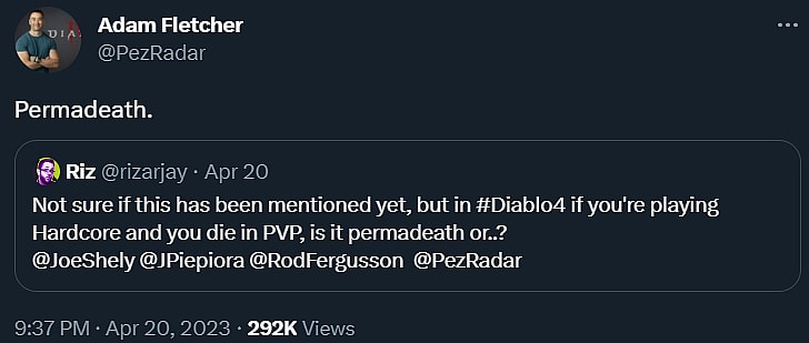 Adam Fletcher confirms to rizarjay that there is permadeath for Diablo IV Hardcore PvP via Twitter