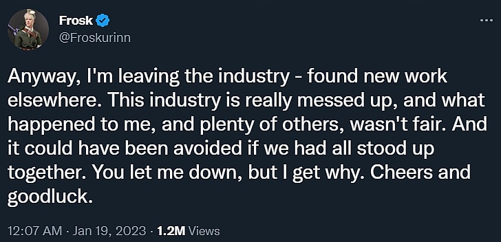 Archive Link Indiana "Frosk" Black states she's leaving "the industry" via Twitter