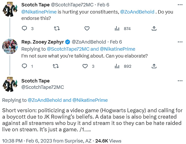Archive Link ScotchTape72MC alerts Montana Representative Zooey Zephyr to the Hogwarts Legacy hate raids via Twitch