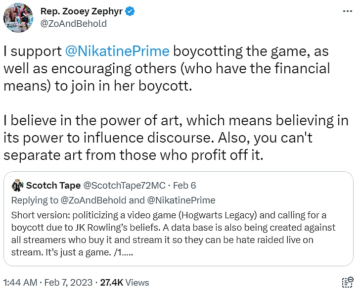 Archive Link Montana Representative Zooey Zephyr endorses the boycott of Hogwarts Legacy, despite ScotchTape72MC warning it was causing hate raids via Twitch