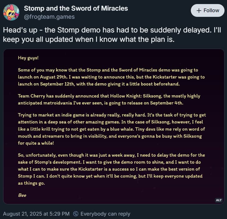 Bee Braun and Frogteam Games delay Stomp and the Sword of Miracles due to Hollow Knight: Silksong