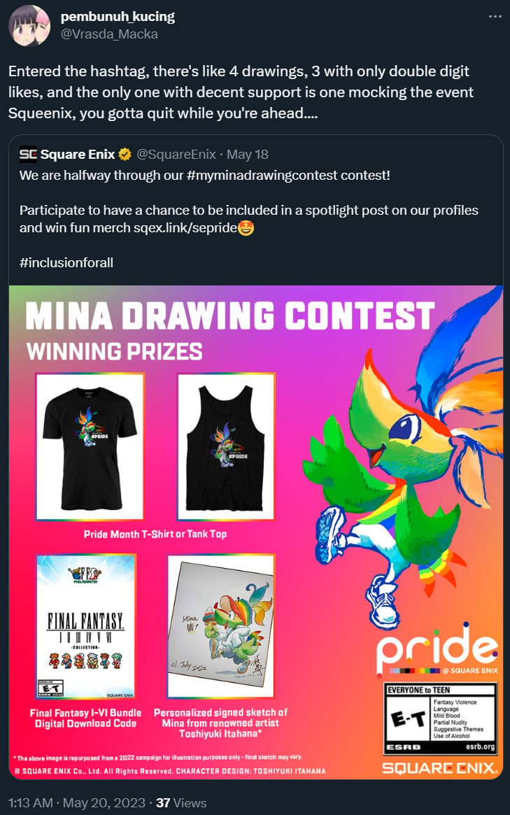 Vrasda_Macka notes how Square Enix' contest has backfired via Twitter