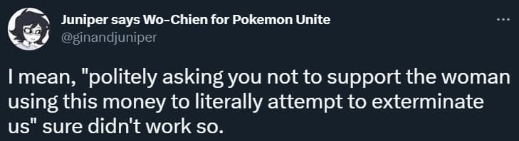 Ginandjuniper insults the harassment of streamers for playing Hogwarts Legacy is justified via Twitter