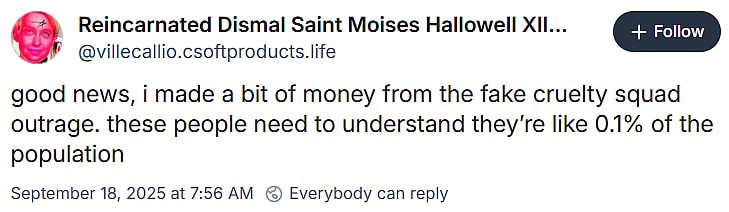 Ville Kallio claims to have made "a bit of money" from the "fake" outrage over sharing a fan-made Cruelty Squad map mocking the assassination of Charlie Kirk via Bluesky