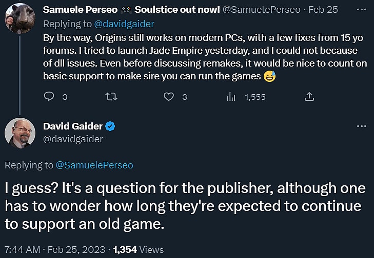SamuelePerseo and David Gaider discuss publisher support for Dragon Age: Origins via Twitter