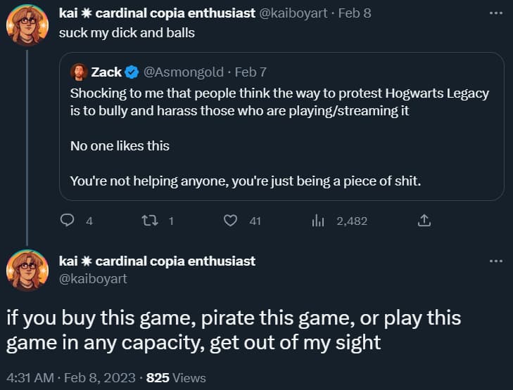 Kaiboyart insults Asmongold over denouncing those harassing streamers for playing Hogwarts Legacy via Twitter
