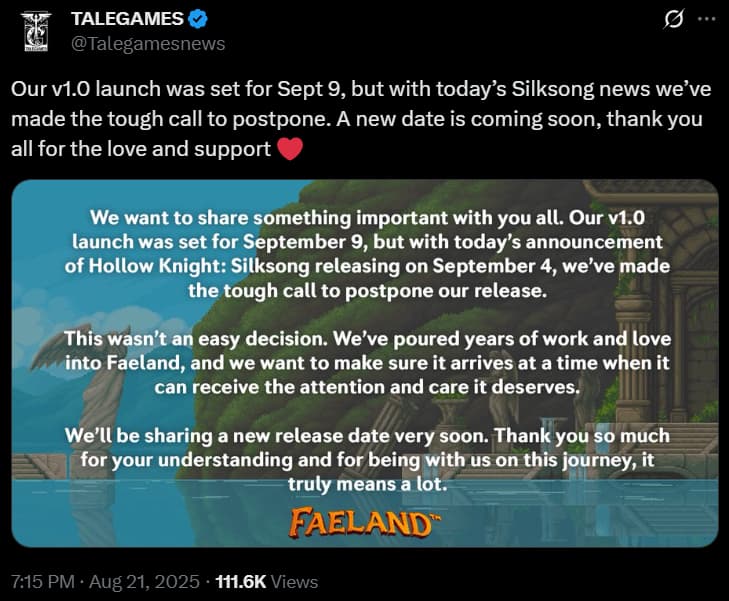 Talegames delays Faeland due to Hollow Knight: Silksong