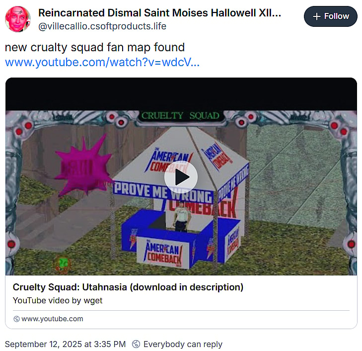 Ville Kallio shares a video of a fan-made Cruelty Squad map, recreating Charlie Kirk's assassination "Utahnasia" via Bluesky