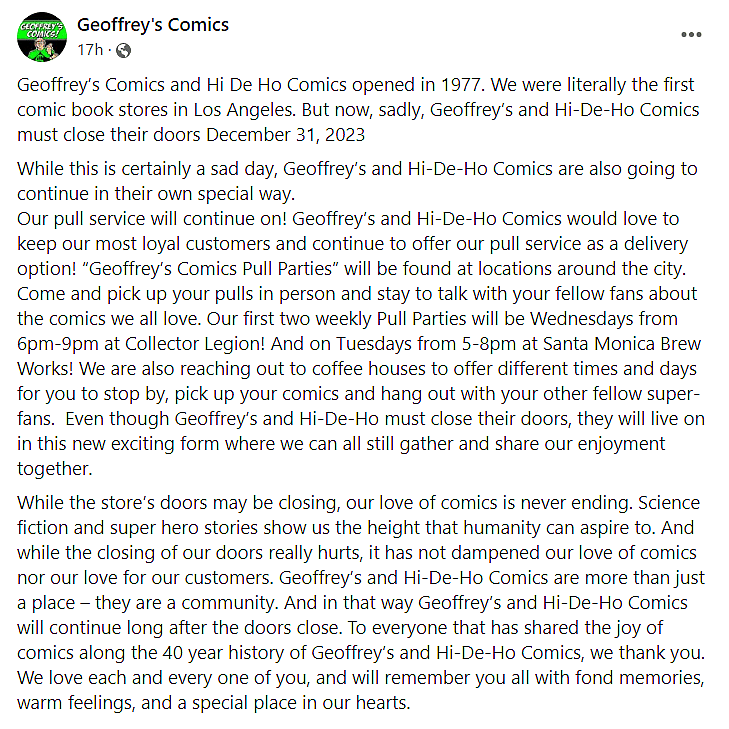 Geoffrey's Comics announces the end of its tenure via Facebook