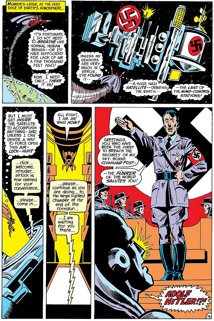 Red Tornado makes a terrifying discovery while attempting to disable an Earth-X Nazi mind control machine in Justice League of America Vol. 1 #107 "Crisis on Earth-X!" (1973), DC. Words by Len Wein, art by Dick Dillin and Dick Giordano.
