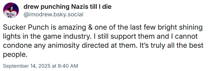 Drew Harrison states they still support Sucker Punch despite being fired via Bluesky