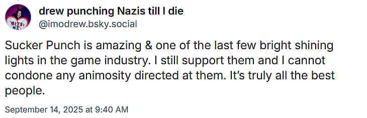 Drew Harrison states they still support Sucker Punch despite being fired via Bluesky