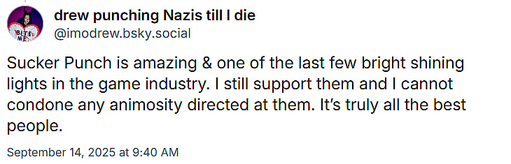 Drew Harrison states they still support Sucker Punch despite being fired via Bluesky