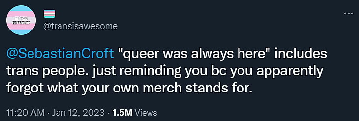 Transisawesome derides Sebastian Croft for appearing in Hogwarts Legacy via Twitter