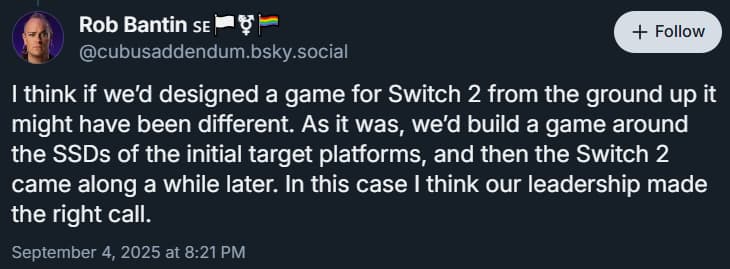 Rob Bantin admits Star Wars Outlaws needed to be on Nintendo Switch 2 Game-Key cards as it was developed too late to optimize for the console, via Bluesky